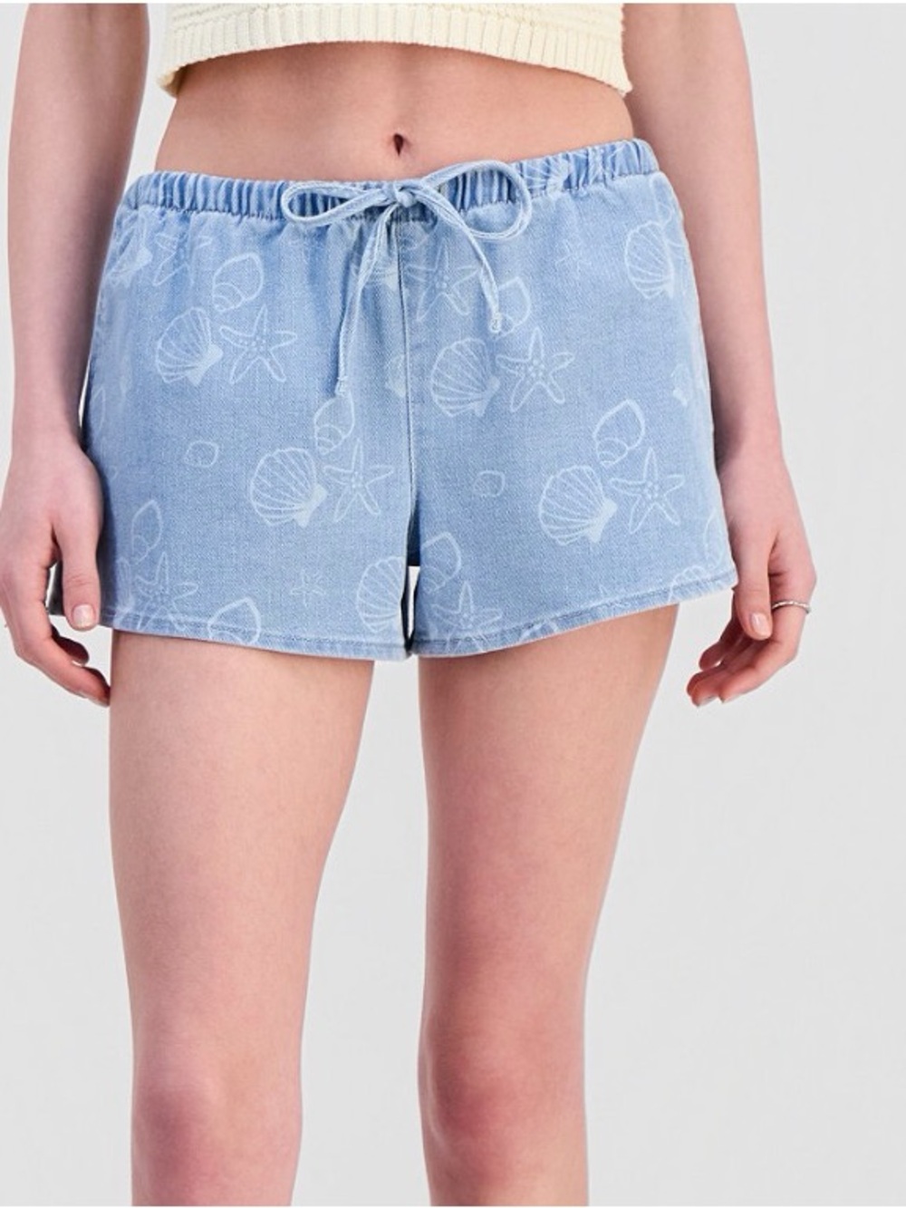 Light Blue Shell Print Drawstring Women's Shorts